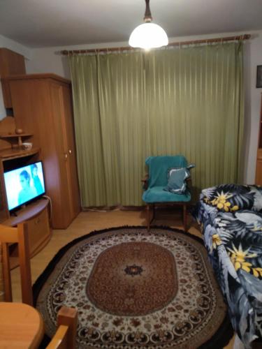 sala de estar con sofá, silla y TV en Domek w spokojnej podlaskiej wsi, en Czerwonki