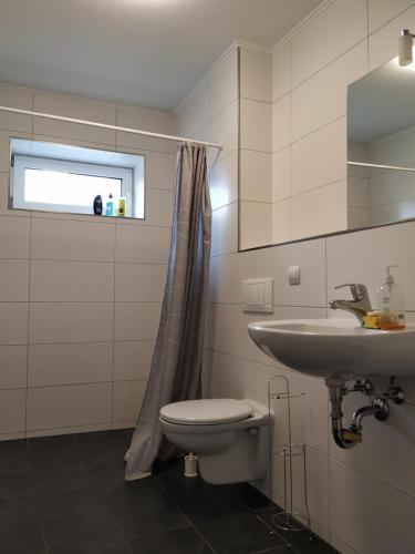 a white bathroom with a toilet and a sink at Mehrfamilien Haus in Schkeuditz