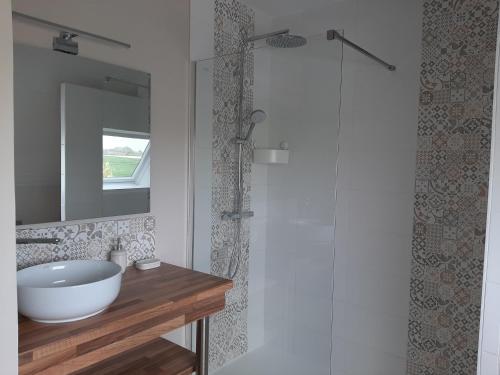 une salle de bain avec un lavabo blanc et une douche dans l'établissement Chambres d'hôtes de Ty Guen, à Trédarzec