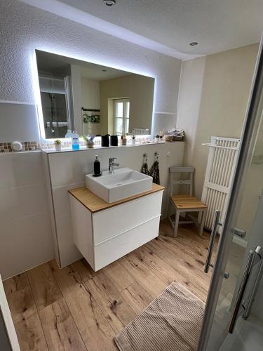 a bathroom with a sink and a mirror at Apartment 001 Kassel Harleshausen in Kassel
