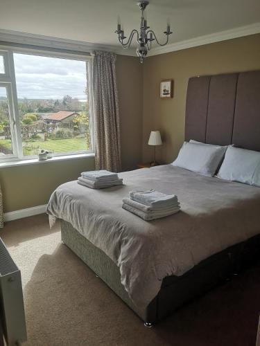 a bedroom with a large bed with a large window at Greystones guesthouse in Whitby