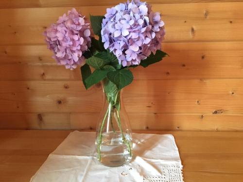 a glass vase filled with purple flowers on a table at Wein-Chalet W141 in Weinburg am Saßbach