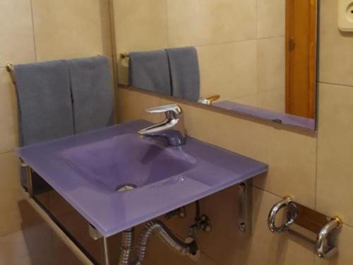 ein lila Waschbecken im Bad mit Spiegel in der Unterkunft Casa Apartamento de montaña in Espúy