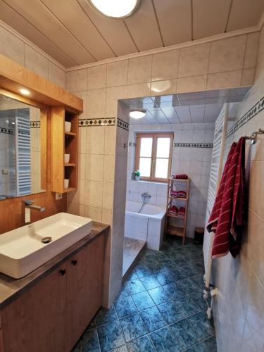 a bathroom with a sink and a tub and a toilet at Ferienhaus Rosl am Grundlsee in Grundlsee