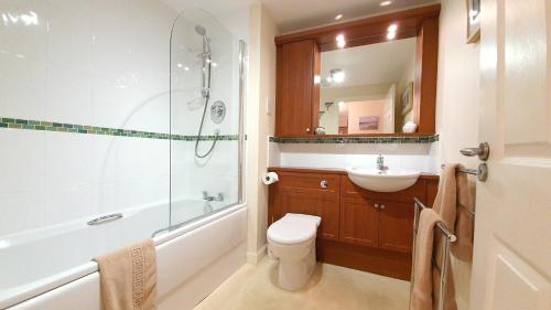 a bathroom with a toilet and a sink and a shower at Roseford Apartment in Crail