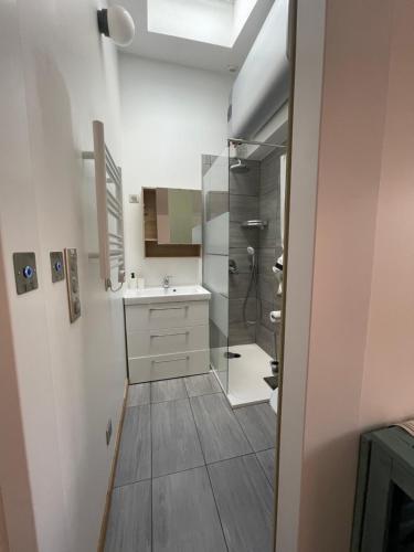 uma casa de banho com um chuveiro, um lavatório e um espelho. em Le 9ième Entracte em Marselha