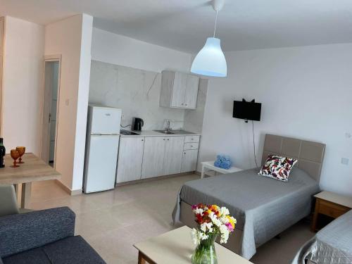a small living room with a bed and a kitchen at Christothea Apartments in Ayia Napa