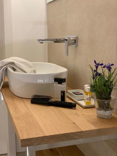 een mixer op een aanrecht in een badkamer bij Ferienhaus Peerhus in Katingsiel