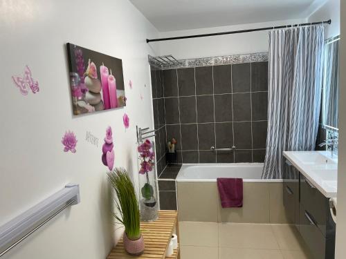 a bathroom with a tub and a sink and a shower at King Center Superieur in Drancy
