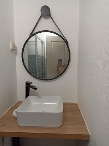 une salle de bain avec un lavabo blanc et un miroir dans l'établissement Hébergement sur l île de Martigues, la Venise provençale, à Martigues