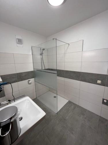 La salle de bains est pourvue d'un lavabo et d'une douche en verre. dans l'établissement Ferienwohnung Sonnenschein, à Bad Aussee