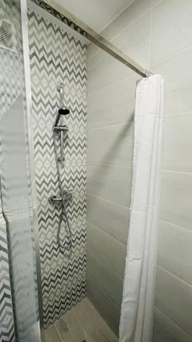 a shower with a shower curtain in a bathroom at Apartament Kościuszko in Malbork