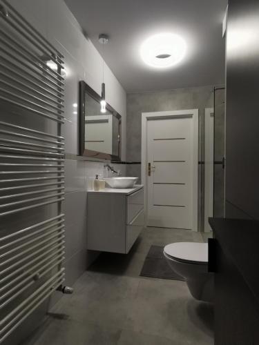 a bathroom with a sink and a toilet and a mirror at Złoty Apartament - Okrzei z miejscem parkingowym, dostęp 24H, Klimatyzacja in Kielce