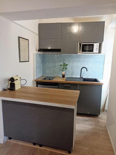une cuisine avec un évier et un plan de travail dans l'établissement Hébergement sur l île de Martigues, la Venise provençale, à Martigues