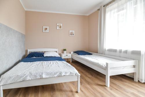 1 dormitorio con 2 camas y ventana en Apartament Zosienka en Zator