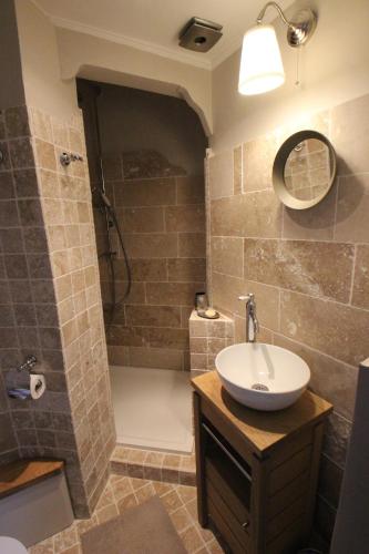 y baño con lavabo y ducha. en Château de Ruesnes en Ruesnes