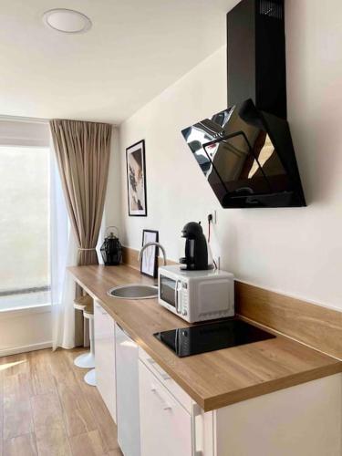 une cuisine avec un comptoir avec un micro-ondes dans l'établissement Studio design au centre de Reims, à Reims