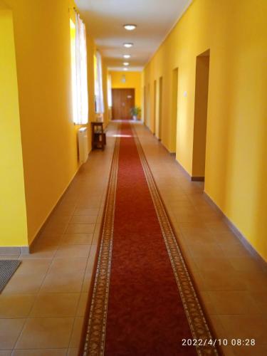 a long hallway with yellow walls and a red carpet at Örségkapuja Vendégház in Csákánydoroszló