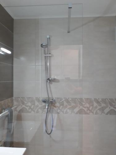 La salle de bains est pourvue d'une douche et d'une paroi en verre. dans l'établissement Royat 64, à Royat