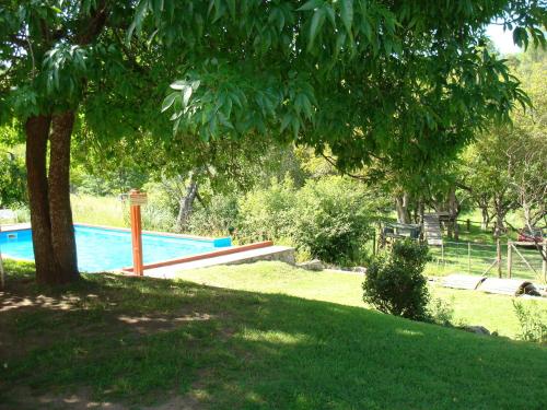 una piscina en un patio con un árbol en Cabañas Las Perdices de Candonga en Agua de Oro