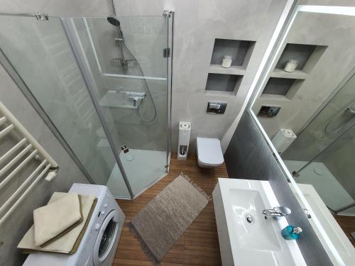 a bathroom with a shower and a toilet and a sink at Apartamenty Morskie Perła i Bursztyn in Jastrzębia Góra
