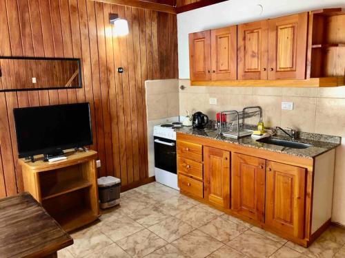 cocina con armarios de madera, fregadero y fogones en Cálida cabaña en el centro de San Martín en San Martín de los Andes