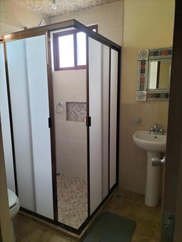 a bathroom with a shower and a toilet and a sink at VILLAZOL CABAÑAS in Zacatlán