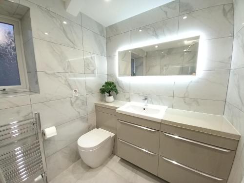 a bathroom with a toilet and a sink and a mirror at Spacious & Modern 4 Bedroom Holiday Home Gwynedd in Bangor