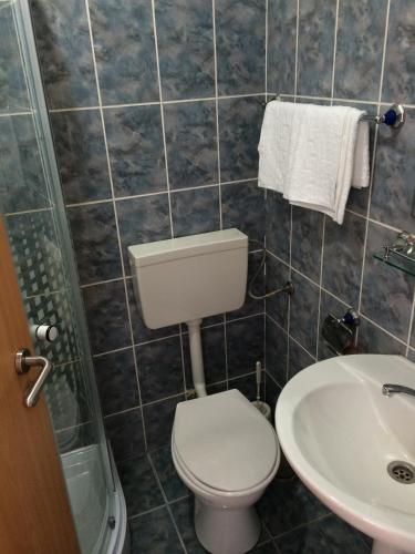 a bathroom with a toilet and a sink at Pensiunea Simina in Caransebeş