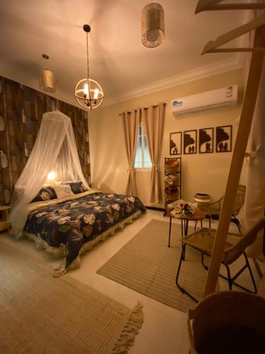 a bedroom with a bed with a mosquito net at Bohemian style in Abha