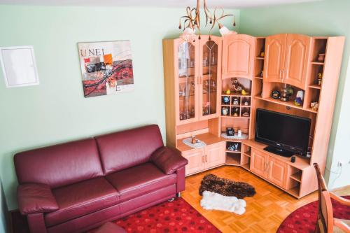 a living room with a couch and a tv at Apartmaji Krebs in Mežica