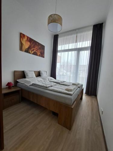 Schlafzimmer mit einem Bett vor einem Fenster in der Unterkunft Vízparti Silver X apartman in Siófok