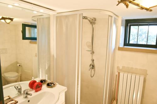 a bathroom with a shower and a sink at Villa Trullo Panorama in Locorotondo