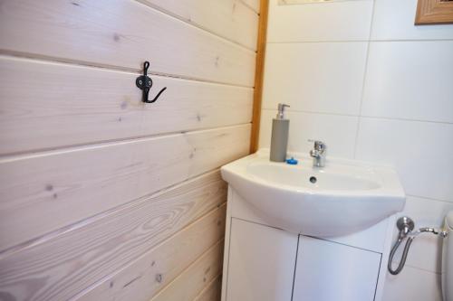 a bathroom with a sink next to a wooden wall at Leśne Dziady Borsk in Borsk