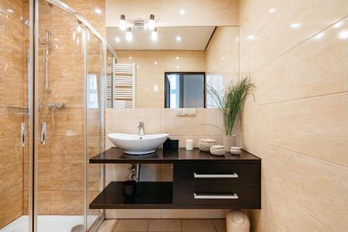 łazienka z umywalką i prysznicem w obiekcie Honey Apartment - LoftAffair w Krakowie