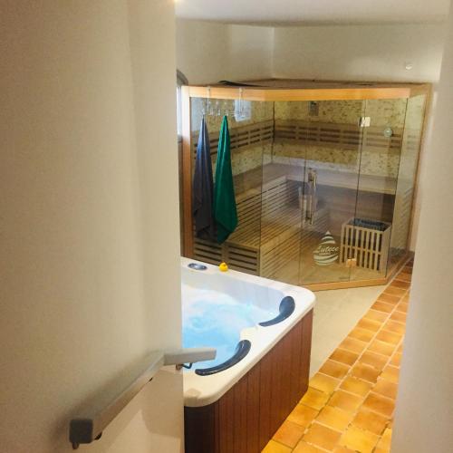 a bathroom with a large tub in a room at Maison d'hôtes naturiste Villa PaulAna in Cap d'Agde