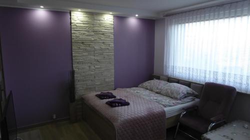 グディニャにあるApartament Mario Skwer Kościuszkiのベッドルーム1室(ベッド1台付)、紫の壁の窓が備わります。