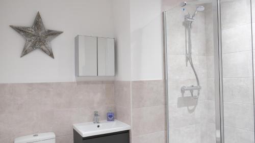 baño con ducha, aseo y estrella de mar en Contractors&Leisure - Bedford Hospital & City Centre inc Private Parking en Bedford