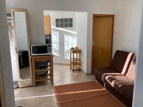 a living room with a couch and a television at Appartamento di vacanza tra i vigneti in Monteggio