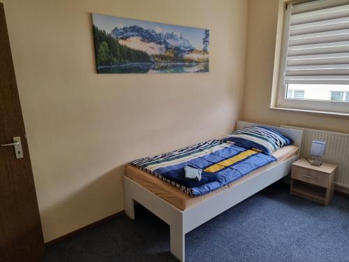 a bedroom with a bed and a picture on the wall at Onkel Tom Alpen & Sahara in Paderborn