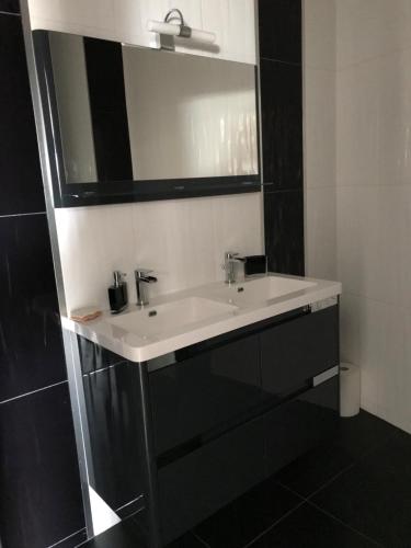 a bathroom with a white sink and a mirror at Appartement ST JEAN Centre Ville Wifi Balcon Parking in Saint-Jean-de-Monts
