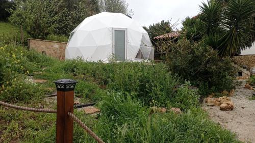 a white tent in the middle of a garden at Glamping Quintana in Gijón