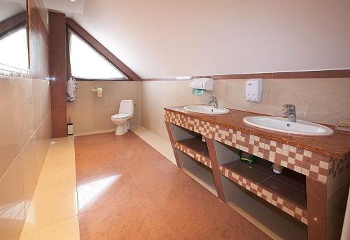 Zagnańsk的住宿－Pensjonat Pod Tetrapodem，一间带两个盥洗盆和卫生间的浴室
