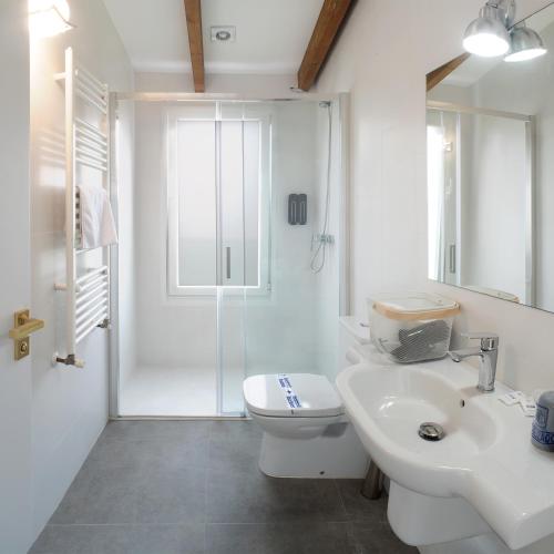 a bathroom with a toilet and a sink and a shower at Casa do cabo in Arzúa