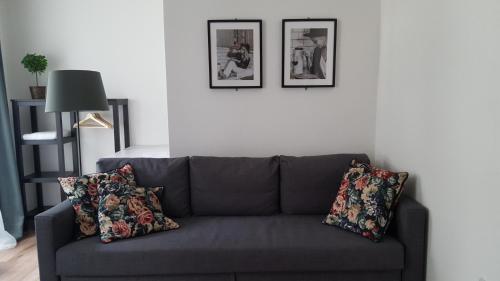 a living room with a gray couch with two pillows at Pasta Factory Guest Rooms in Galway