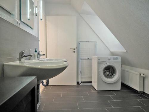 een badkamer met een wastafel en een wasmachine bij Peter Horn - Ferienwohnungen unter Reet in Silberstedt