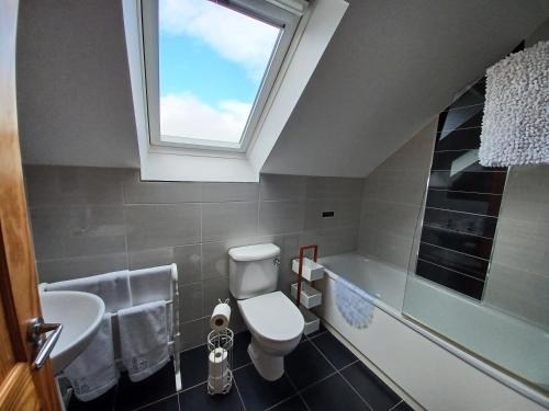 a bathroom with a toilet and a sink and a window at The Chalet at Corvally in Portrush