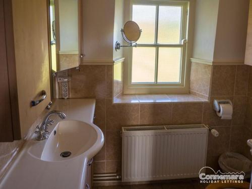 a bathroom with a sink and a mirror and a window at Kill House, Kingstown in Clifden
