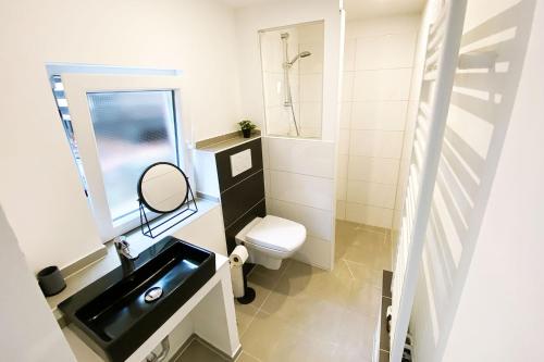 Baño pequeño con aseo y lavamanos en 2 room house for workers, en Linz am Rhein