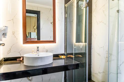 bagno con lavandino e doccia in vetro di Hotel Les Ambassadeurs a Casablanca